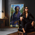 Quadro Decorativo Orixá Nanã: Sabedoria Ancestral | quadros decorativos para sala | Mulher africana em roxo com lótus brancos, água ao fundo, olhar dignidade. | em Quadros para Sala | Porao dos Quadros