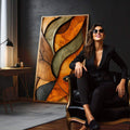 Quadro Decorativo Tramas da Natureza | quadros decorativos para sala | Folhas abstratas em laranja, verde e preto com composição fluida e elegante | em Quadros para Sala | Porao dos Quadros