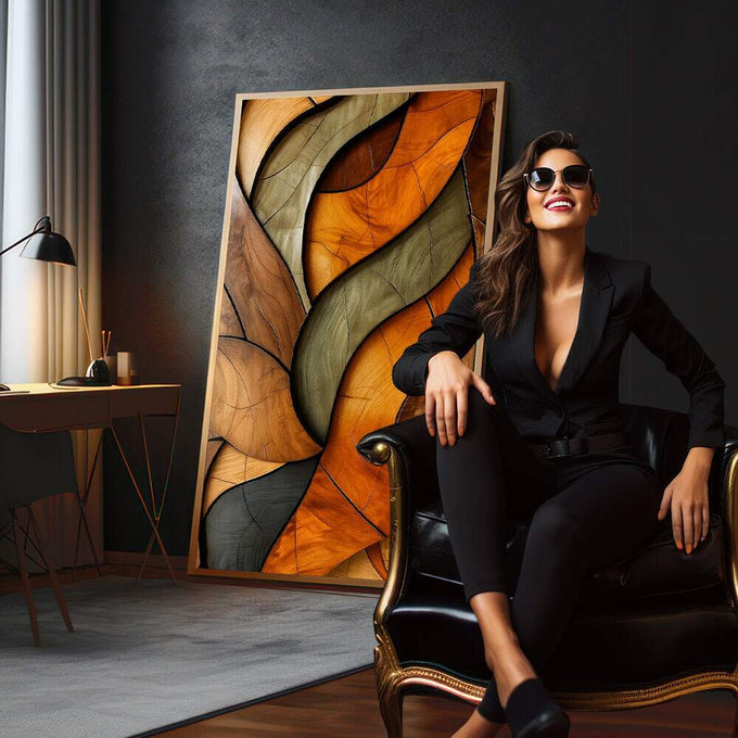 Quadro Decorativo Tramas da Natureza | quadros decorativos para sala | Folhas abstratas em laranja, verde e preto com composição fluida e elegante | em Quadros para Sala | Porao dos Quadros