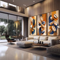 Quadro Decorativo Abstrato Orgânico em 3 Peças | quadros decorativos para sala | Sementes e formas orgânicas em azul, laranja e bege flutuando em composição abstrata | em Quadros para Sala | Porao dos Quadros