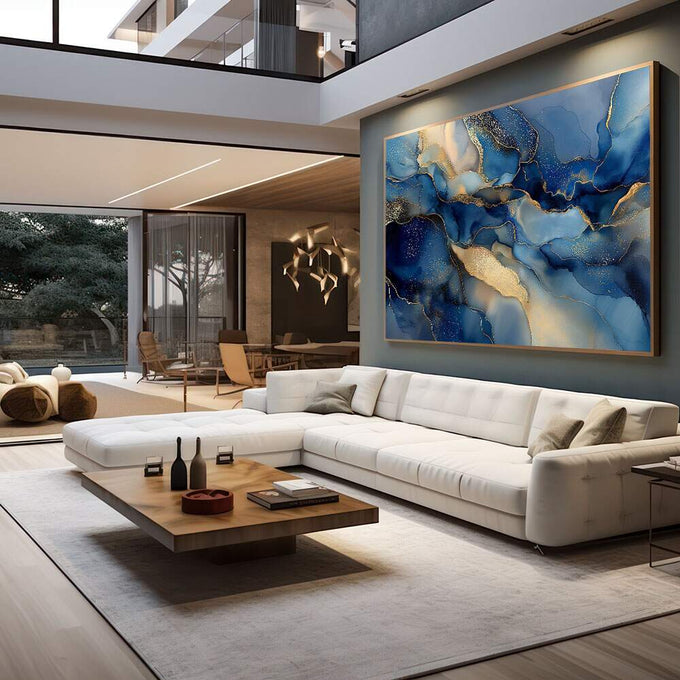 Quadro Decorativo Serenidade Azul | quadros decorativos para sala | Abstrato fluido em azuis profundos com detalhes dourados e efeito líquido | em Quadros para Sala | Porao dos Quadros