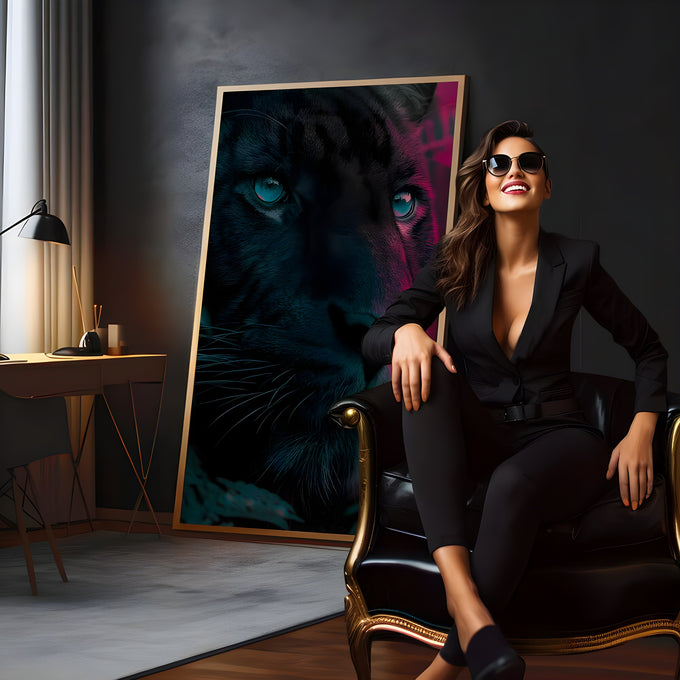 Rosto de pantera negra com olhos azuis e luz neon magenta em fundo escuro, quadro decorativo