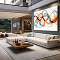 Quadro Decorativo Energia Abstrata | quadros decorativos para sala | Formas abstratas fluidas em laranja, azul e neutro com composição de movimento e transparência | em Quadros para Sala | Porao dos Quadros