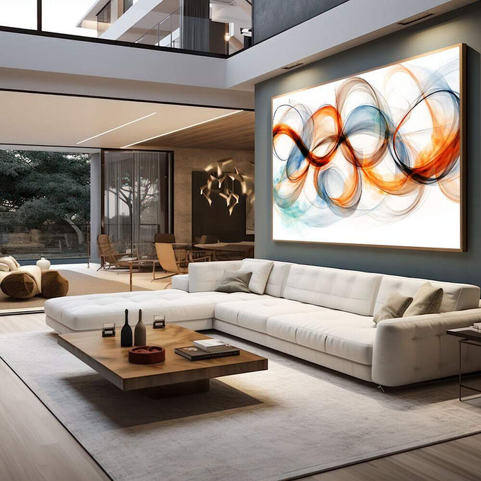 Quadro Decorativo Energia Abstrata | quadros decorativos para sala | Formas abstratas fluidas em laranja, azul e neutro com composição de movimento e transparência | em Quadros para Sala | Porao dos Quadros