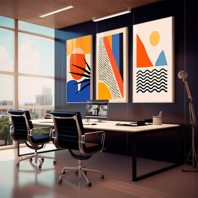 Quadro Decorativo: Explosão de Cores para Inspirar | quadros decorativos para sala | Três telas abstratas com círculo laranja, triângulos azuis e formas geométricas coloridas | em Quadros para Sala | Porao dos Quadros