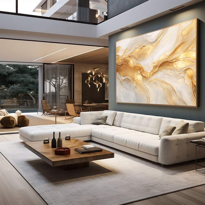 Quadro Decorativo Elegância Serene | quadros decorativos para sala | Abstração em dourado e branco com fluxos líquidos e translúcidos em composição elegante | em Quadros para Sala | Porao dos Quadros