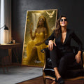 Quadro Decorativo Orixá Oxum: Serenidade e Luz | quadros decorativos para sala | Rainha majestosa em ouro e amarelo com coroa, espelho e pombas brancas em ambiente sagrado dourado. | em Quadros para Sala | Porao dos Quadros