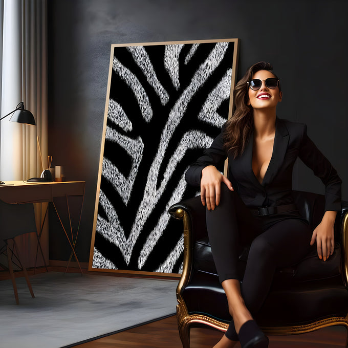 Textura abstrata de listras de zebra em preto e branco com efeito de pelagem, quadro decorativo