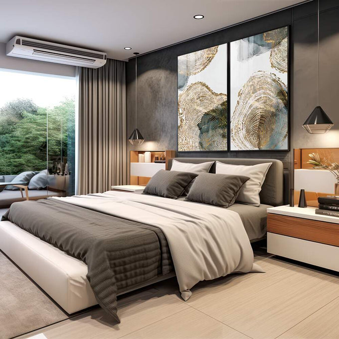 Quadro Decorativo: Abstração Azul Dourado - Único e Sofisticado | quadros decorativos para sala | Dois quadros com anéis abstratos concêntricos em dourado, bege e azul com linhas delicadas. | em Quadros para Sala | Porao dos Quadros
