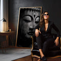 Quadro Decorativo Buda em Cinza Elegante | quadros decorativos para sala | Retrato de Buda em preto e branco com textura profunda e olhos fechados em meditação. | em Quadros para Sala | Porao dos Quadros