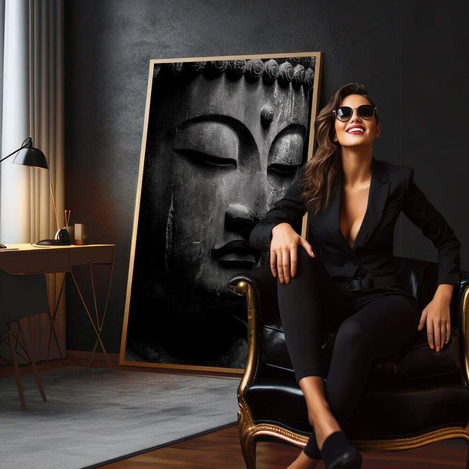 Quadro Decorativo Buda em Cinza Elegante | quadros decorativos para sala | Retrato de Buda em preto e branco com textura profunda e olhos fechados em meditação. | em Quadros para Sala | Porao dos Quadros