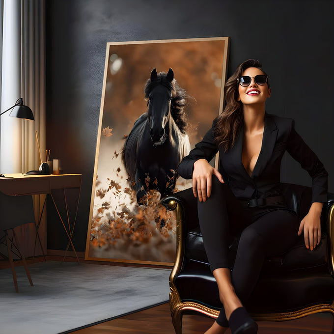 Cavalo preto de crina ao vento galopando entre folhas secas de outono em tons terrosos, quadro decorativo