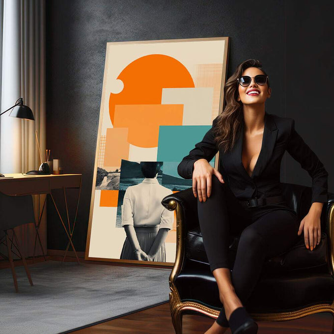 Quadro Decorativo Reflexão Moderna Imagine-se | quadros decorativos para sala | Mulher com cabeça envolvida em formas geométricas laranja e turquesa em colagem contemporânea. | em Quadros para Sala | Porao dos Quadros
