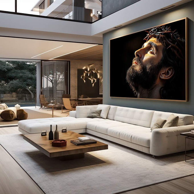 Quadro Decorativo - Reflexão em Tons Sombrios | quadros decorativos para sala | Homem em repouso contemplativo com coroa de espinhos, iluminação dourada em fundo escuro | em Quadros para Sala | Porao dos Quadros