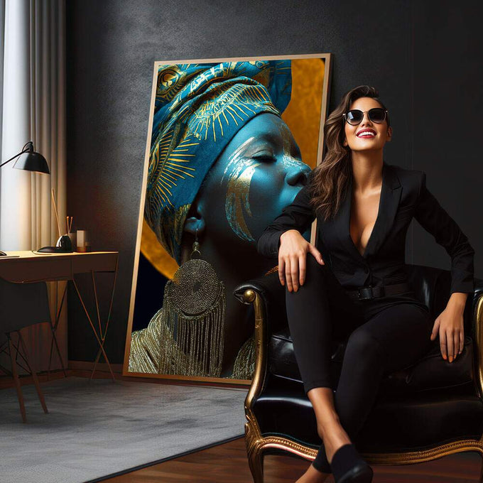 Quadro Decorativo Elegância Azul Feminino Abstrato | quadros decorativos para sala | Rainha egípcia em perfil com tocado dourado, rosto azul vibrante e adornos metálicos em composição majestosa. | em Quadros para Sala | Porao dos Quadros
