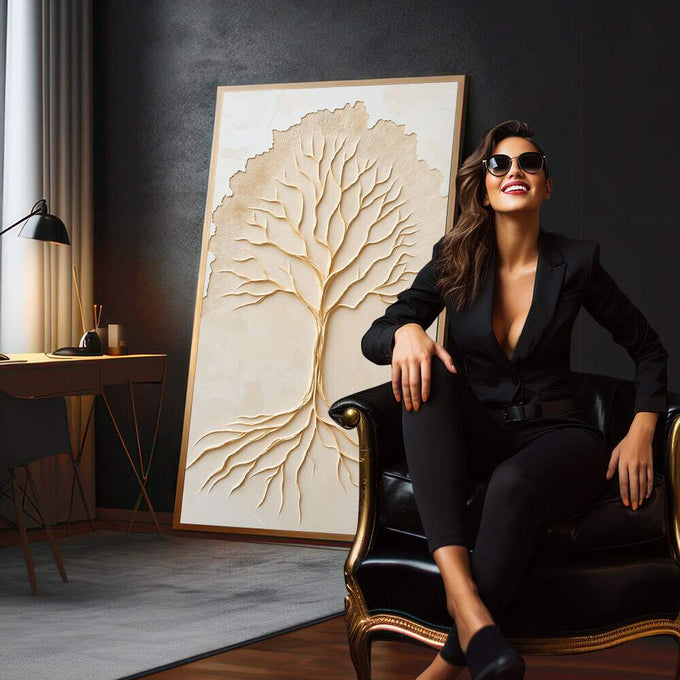 Quadro Decorativo Raízes da Existência Arte Elegante e Contemporânea | quadros decorativos para sala | Árvore da vida com raízes em relevo bege e creme em composição vertical simétrica | em Quadros para Sala | Porao dos Quadros