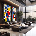 Quadro Decorativo Abstrato Geométrico - Energia e Harmonia para Seu Espaço | quadros decorativos para sala | Dois painéis abstratos com círculos vibrantes em azul, vermelho e amarelo sobre grid geométrico preto e branco | em Quadros para Sala | Porao dos Quadros
