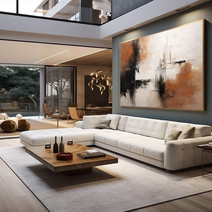 Quadro Decorativo Abstrato Laranja e Preto | quadros decorativos para sala | Pintura abstrata com tons de marrom, laranja e branco em composição dinâmica com gestos soltos | em Quadros para Sala | Porao dos Quadros