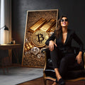 Quadro Decorativo Riqueza Dourada | quadros decorativos para sala | Bitcoin dourado com barras de ouro e diamantes em composição luxuosa iluminada | em Quadros para Sala | Porao dos Quadros