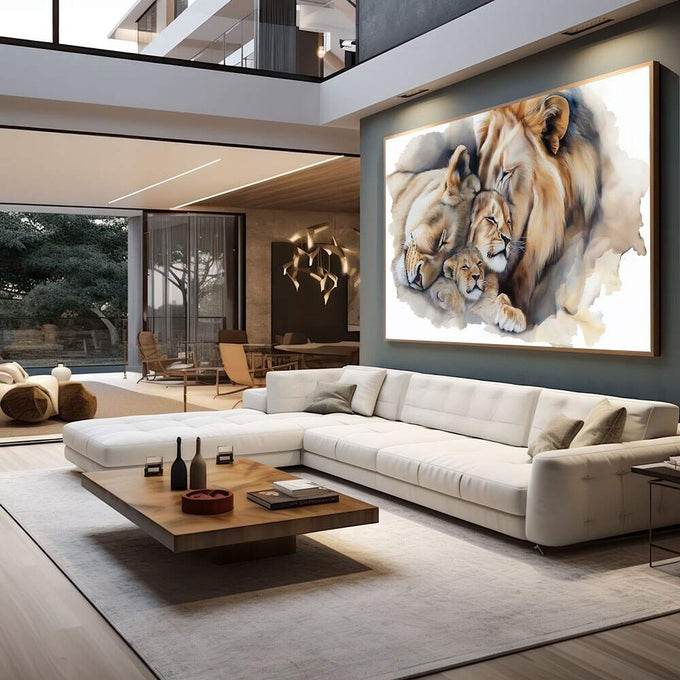 Quadro Decorativo Leões Amor e Proteção | quadros decorativos para sala | Família de leões em aquarela com tons bege, azul e caramelo, composição impressionista e delicada. | em Quadros para Sala | Porao dos Quadros