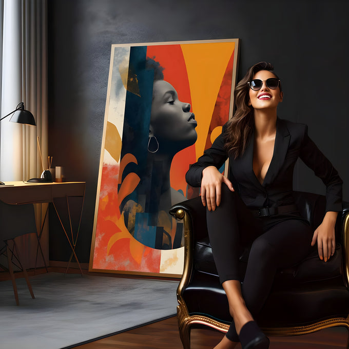 Perfil de mulher negra de olhos fechados em colagem abstrata laranja, vermelha e azul, quadro decorativo