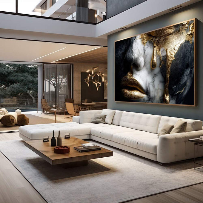 Quadro Decorativo Face Dourada Moderna | quadros decorativos para sala | Rosto feminino em mármore branco com detalhes em ouro líquido, luz dramática e contraste profundo. | em Quadros para Sala | Porao dos Quadros