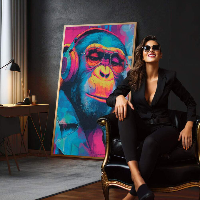 Quadro Decorativo Macaco Cool com Fones | quadros decorativos para sala | Macaco com fone de ouvido e óculos em cores neon vibrantes, estilo pop art | em Quadros para Sala | Porao dos Quadros