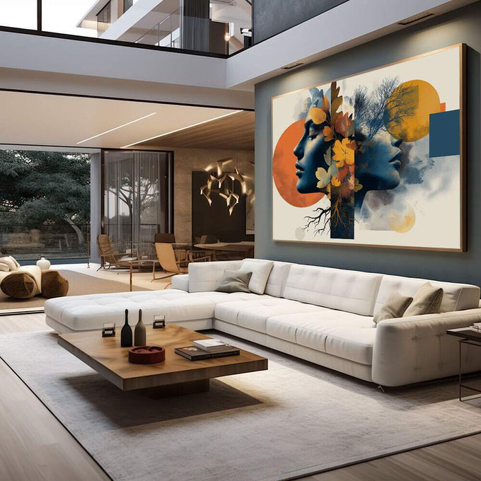 Quadro Decorativo Minimalista da Natureza Harmônica | quadros decorativos para sala | Dois perfis entrelaçados com flores douradas, árvores e raízes em tons laranja, azul e terrosos | em Quadros para Sala | Porao dos Quadros