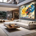 Quadro Decorativo Minimalista Vibrante | quadros decorativos para sala | Composição abstrata geométrica em amarelo, azul e preto com formas dinâmicas | em Quadros para Sala | Porao dos Quadros