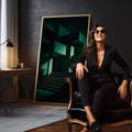 Quadro Decorativo Abstrato de Tons Verdejantes | quadros decorativos para sala | Composição arquitetônica moderna com planos geométricos em verde-água e preto, criando profundidade e perspectiva infinita | em Quadros para Sala | Porao dos Quadros