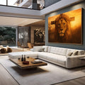 Quadro Decorativo Leão Majestoso | quadros decorativos para sala | Leão dourado majestoso com cruz ao fundo em pôr do sol quente. | em Quadros para Sala | Porao dos Quadros