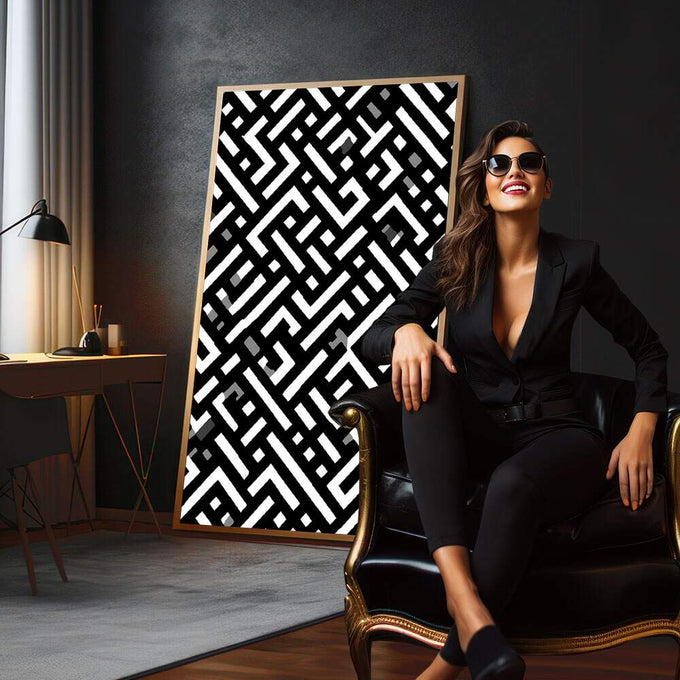Quadro Decorativo Labirinto Preto e Branco | quadros decorativos para sala | Padrão geométrico abstrato em preto e branco com linhas entrelaçadas e movimento visual contínuo | em Quadros para Sala | Porao dos Quadros