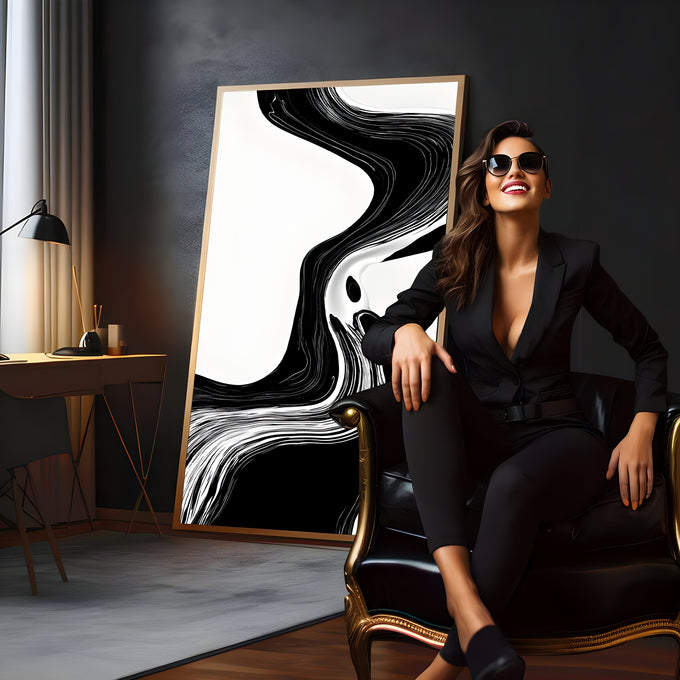 Pintura abstrata de curvas fluidas marmorizadas em preto e branco com traços em movimento, quadro decorativo