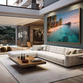 Quadro Decorativo Tropical Sereno | quadros decorativos para sala | Praia tropical com casa de madeira e palmeiras ao entardecer com água turquesa cristalina | em Quadros para Sala | Porao dos Quadros