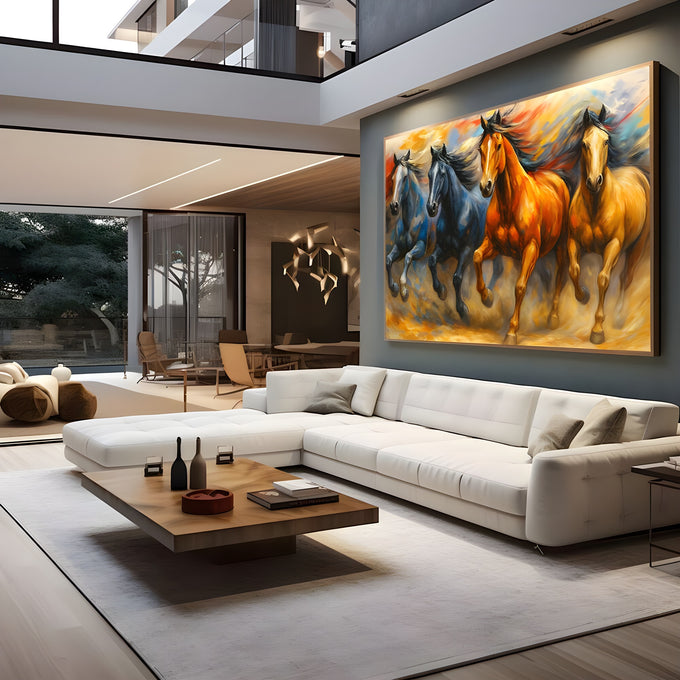 Quatro cavalos galopando em pinceladas laranja, douradas e azuis, estilo pintura a óleo, quadro decorativo