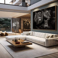 Quadro Decorativo Leões Majestosos | quadros decorativos para sala | Leão majestoso com lionesa e filhote em preto e branco, composição realista com profundidade de luz e sombra | em Quadros para Sala | Porao dos Quadros