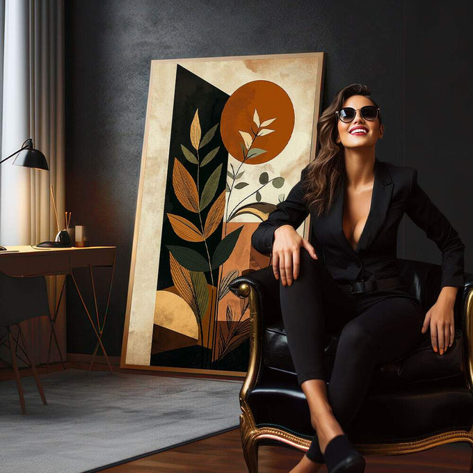 Quadro Decorativo Harmonia Natural Moderna | quadros decorativos para sala | Plantas geométricas em laranja e preto com sol e formas abstratas em composição vertical | em Quadros para Sala | Porao dos Quadros