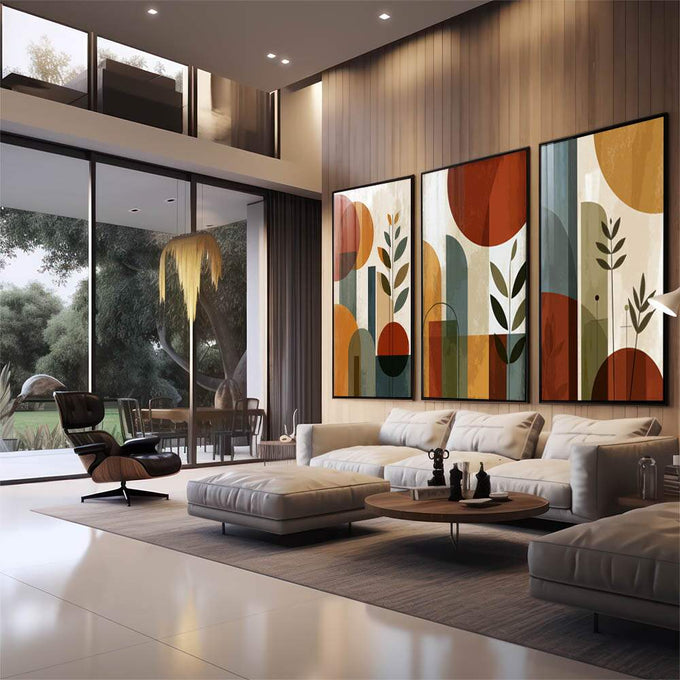 Quadro Decorativo Abstrato Tripartido Vibrante | quadros decorativos para sala | Tríade de quadros com círculos sobrepostos, blocos geométricos em bege, laranja e verde, plantas minimalistas. | em Quadros para Sala | Porao dos Quadros