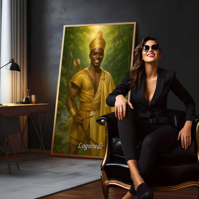 Orixá Logunedé sorridente com coroa e traje dourados, arco e flechas em floresta verde, quadro decorativo