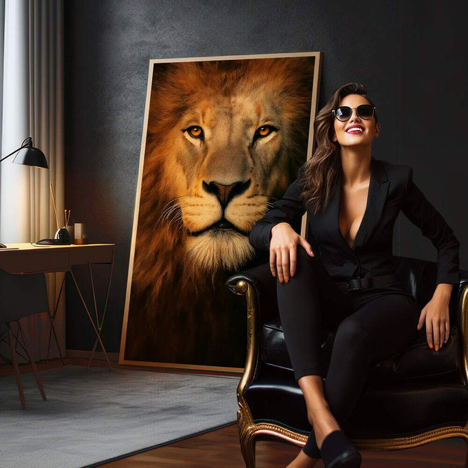 Quadro Decorativo Leão Dourado Majestoso | quadros decorativos para sala | Leão majestoso com olhos verdes em tons de ouro e marrom, composição frontal realista. | em Quadros para Sala | Porao dos Quadros