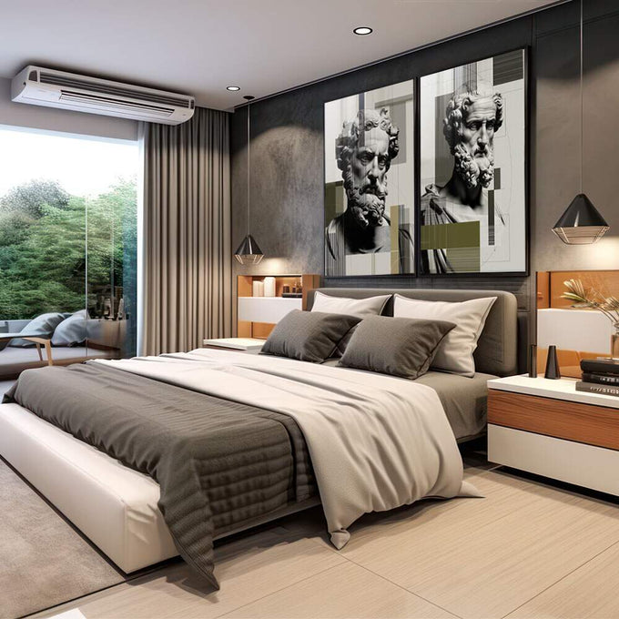 Quadro Decorativo Clássico e Moderno | quadros decorativos para sala | Dois bustos clássicos em preto e branco com sobreposição de elementos geométricos em tons olive e verde | em Quadros para Sala | Porao dos Quadros