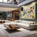 Quadro Decorativo Minimalista Enérgico | quadros decorativos para sala | Composição abstrata geométrica com círculos, linhas e formas em azul, vermelho, amarelo e preto sobre fundo bege. | em Quadros para Sala | Porao dos Quadros