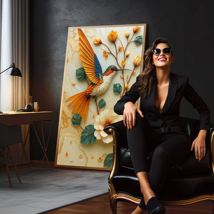 Quadro Decorativo Pássaro Vibrante Minimalista | quadros decorativos para sala | Beija-flor em voo com asas douradas e azuis entre flores brancas, laranjas e bege em relevo tátil. | em Quadros para Sala | Porao dos Quadros