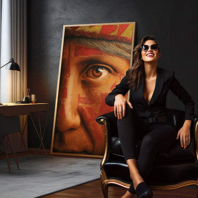Quadro Decorativo - Rosto Ancestral Arte da Conexão Humana | quadros decorativos para sala | Rosto com padrão geométrico em vermelho e dourado, fusão de figuração e abstração | em Quadros para Sala | Porao dos Quadros
