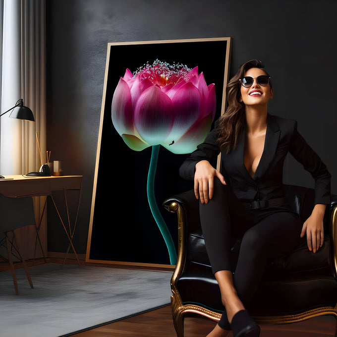 Flor de lótus rosa com brilho ciano e caule verde-água em fundo preto, quadro decorativo