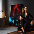 Quadro Decorativo Tempestade Futurista em Movimento | quadros decorativos para sala | Carro esportivo negro com luzes azuis sob tempestade de raios vermelhos intensos | em Quadros para Sala | Porao dos Quadros