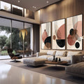 Quadro Decorativo Abstrato Tranquilidade | quadros decorativos para sala | Composição triptíca abstrata com círculos em terracota, bege e preto com linhas geométricas delicadas. | em Quadros para Sala | Porao dos Quadros