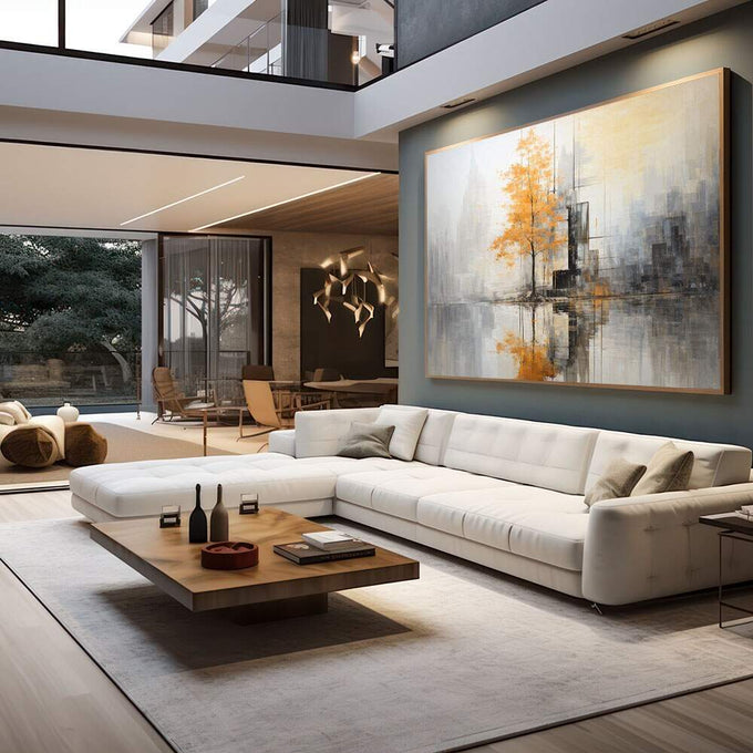Quadro Decorativo Árvore Laranja Urban Art | quadros decorativos para sala | Árvore dourada entre prédios cinzentos refletida em água calma urbana. | em Quadros para Sala | Porao dos Quadros