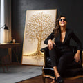 Quadro Decorativo Árvore Dourada Elegante | quadros decorativos para sala | Árvore dourada majestosa com folhas brancas em relevo e luz luminosa | em Quadros para Sala | Porao dos Quadros