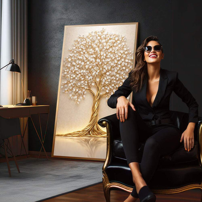 Quadro Decorativo Árvore Dourada Elegante | quadros decorativos para sala | Árvore dourada majestosa com folhas brancas em relevo e luz luminosa | em Quadros para Sala | Porao dos Quadros